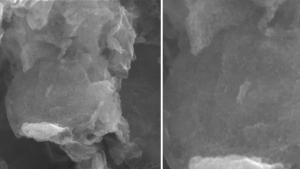 Imagem de microscopia eletrônica de varredura do nanocompósito criado (na primeira foto, em 200 nm; na segunda, em 100 nm). Foto: PPQG/Arquivo