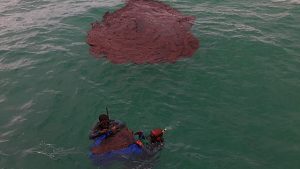 Mancha de óleo no mar de Tamandaré (PE). Abaixo, na foto, equipe do governo federal iniciando recolhimento. Foto: MMA/Divulgação, 20/10/2019