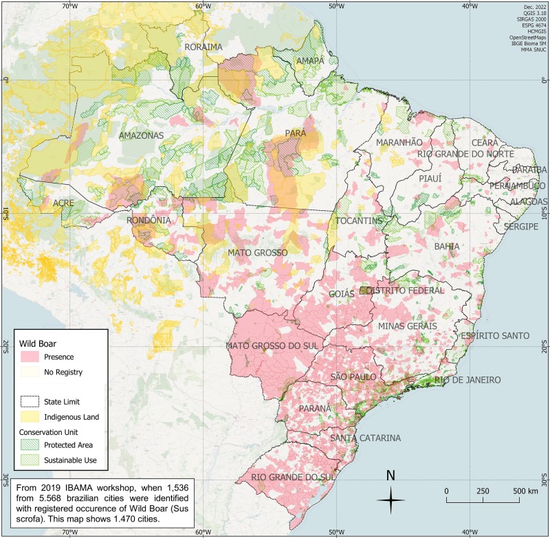 Ocorrência de javalis em todos os estados brasileiros, terras indígenas, áreas protegidas e de uso sustentável, segundo Ibama (2019)